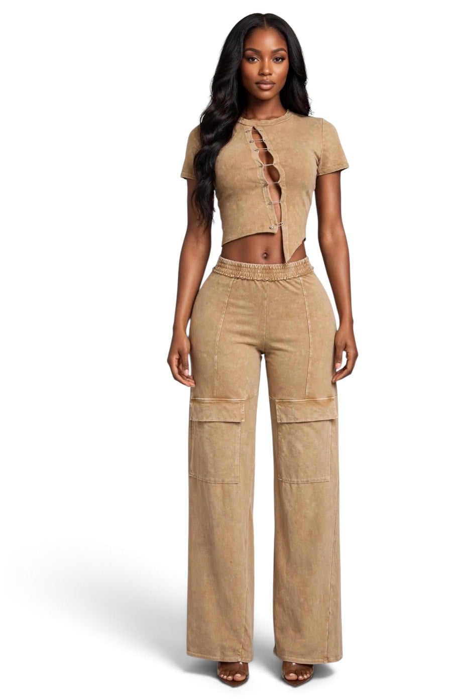 Mineral Wash Lace-Up Crop Top & Cargo Pants Set