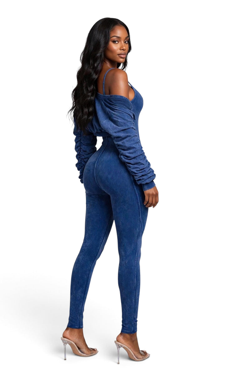 Ribbed Jumpsuit with Bolero Ruched Sleeve Jacket