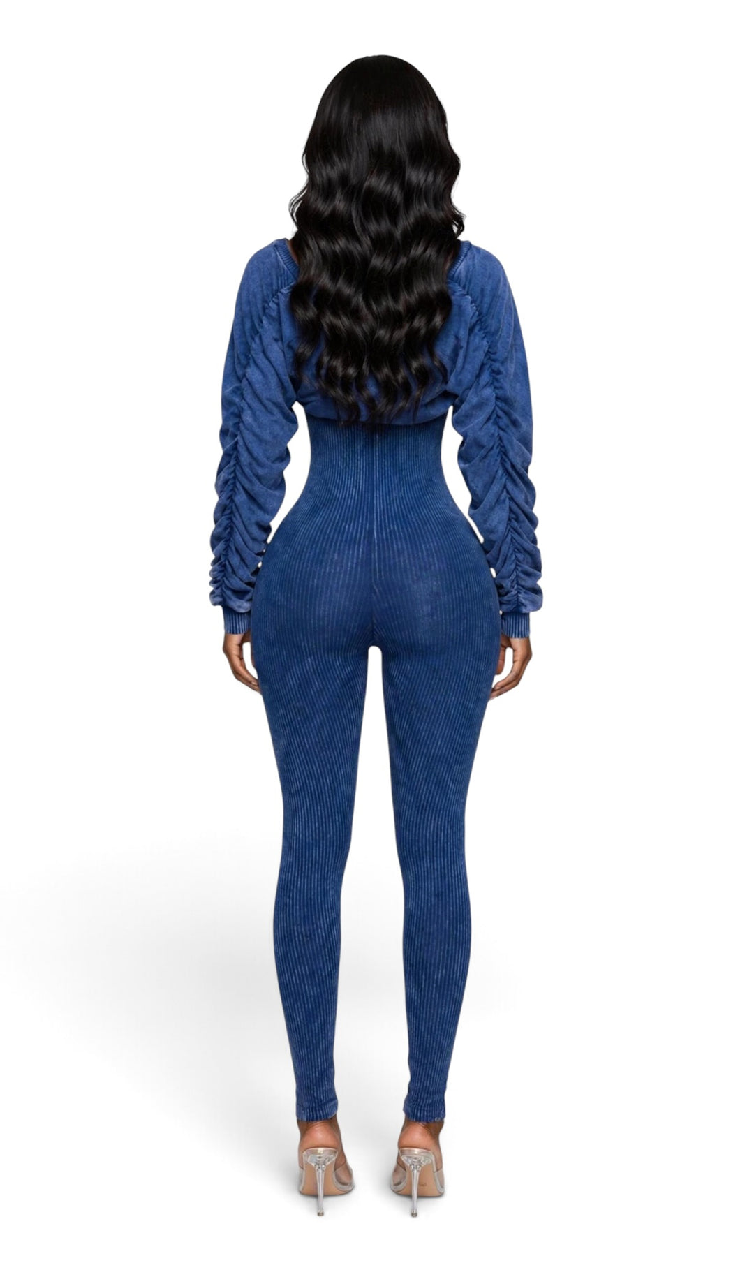 Ribbed Jumpsuit with Bolero Ruched Sleeve Jacket