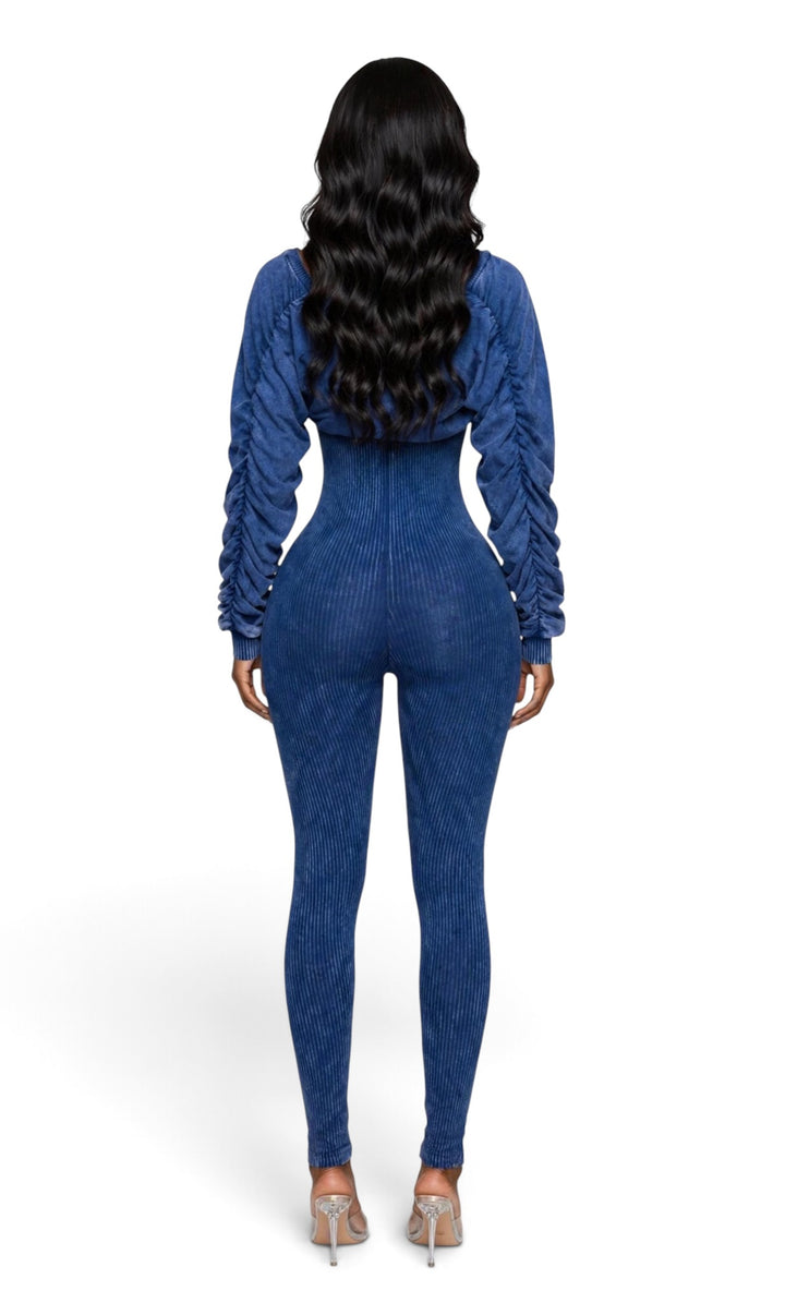 Ribbed Jumpsuit with Bolero Ruched Sleeve Jacket