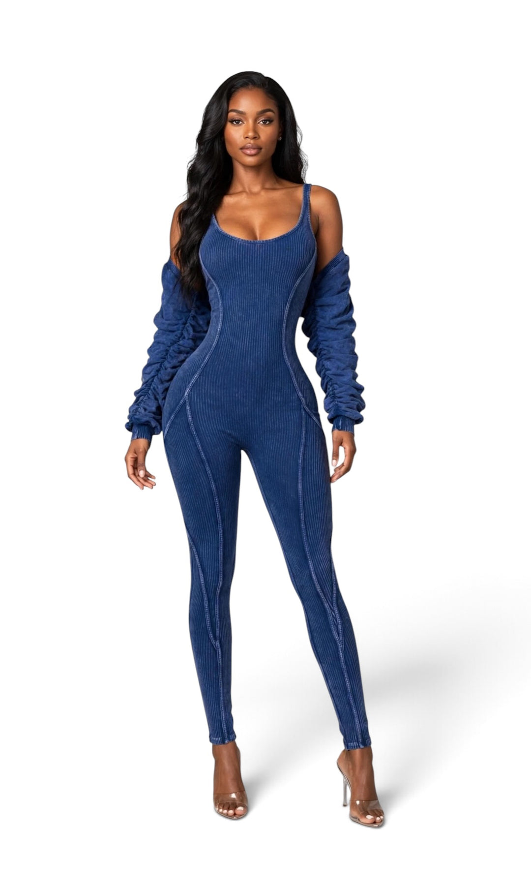 Ribbed Jumpsuit with Bolero Ruched Sleeve Jacket