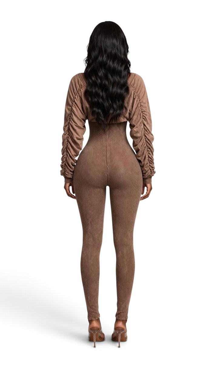 Ribbed Jumpsuit with Bolero Ruched Sleeve Jacket