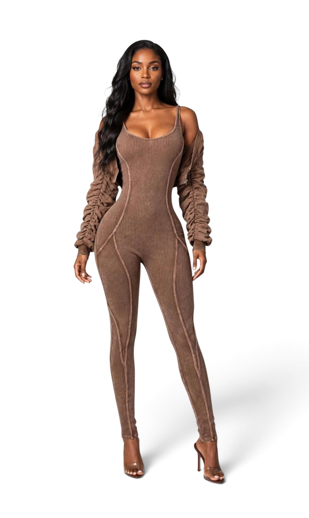 Ribbed Jumpsuit with Bolero Ruched Sleeve Jacket