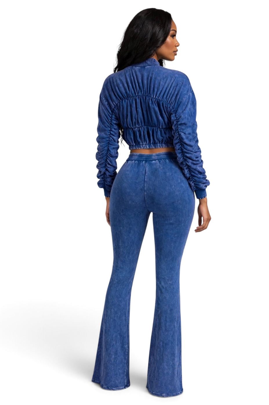 Blue Ruched Jacket & Flare Pants Set