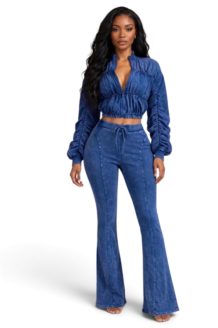 Blue Ruched Jacket & Flare Pants Set