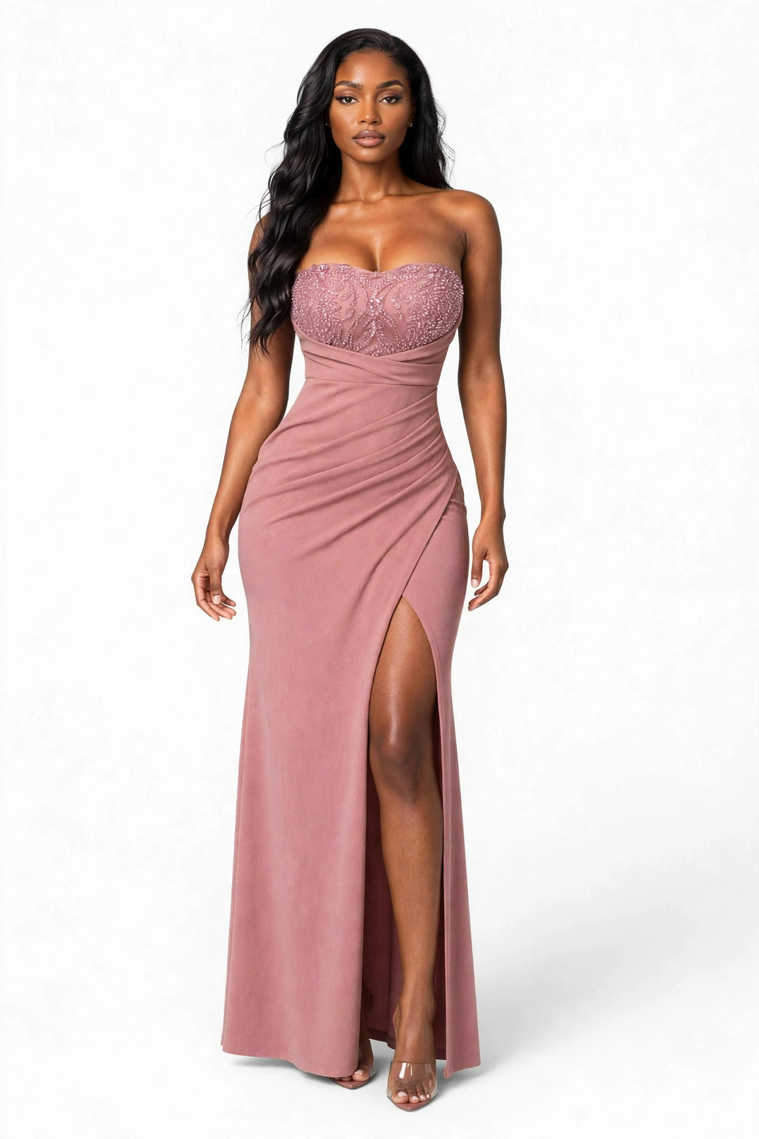 Beaded & Sequin Bust Mesh Maxi Dress