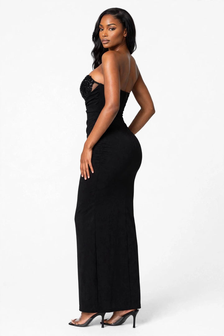 Beaded & Sequin Bust Mesh Maxi Dress