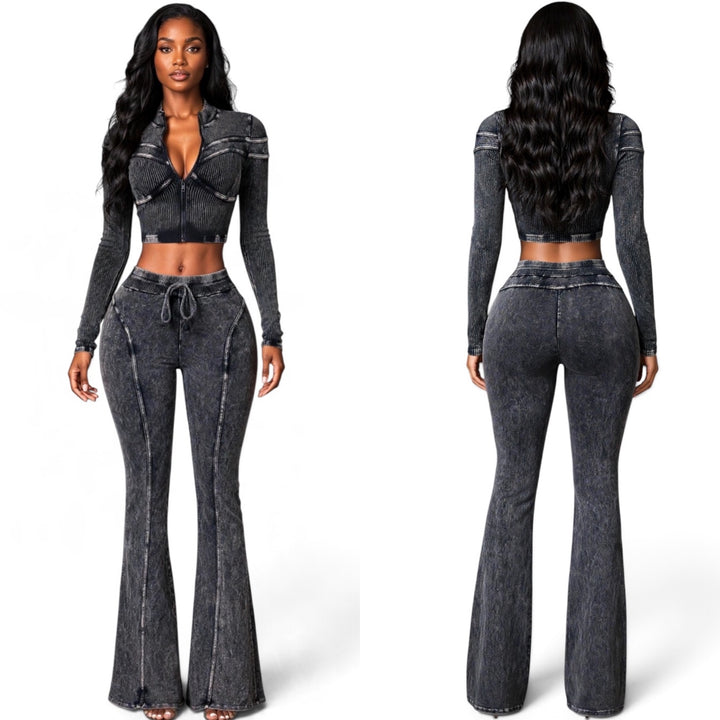 Seamed Cropped Jacket & Wide-Leg Pants Set