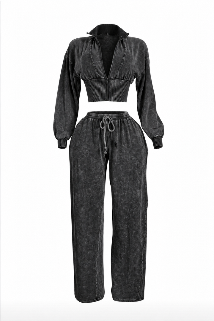Cropped Zip Jacket & Wide-Leg Pants Set