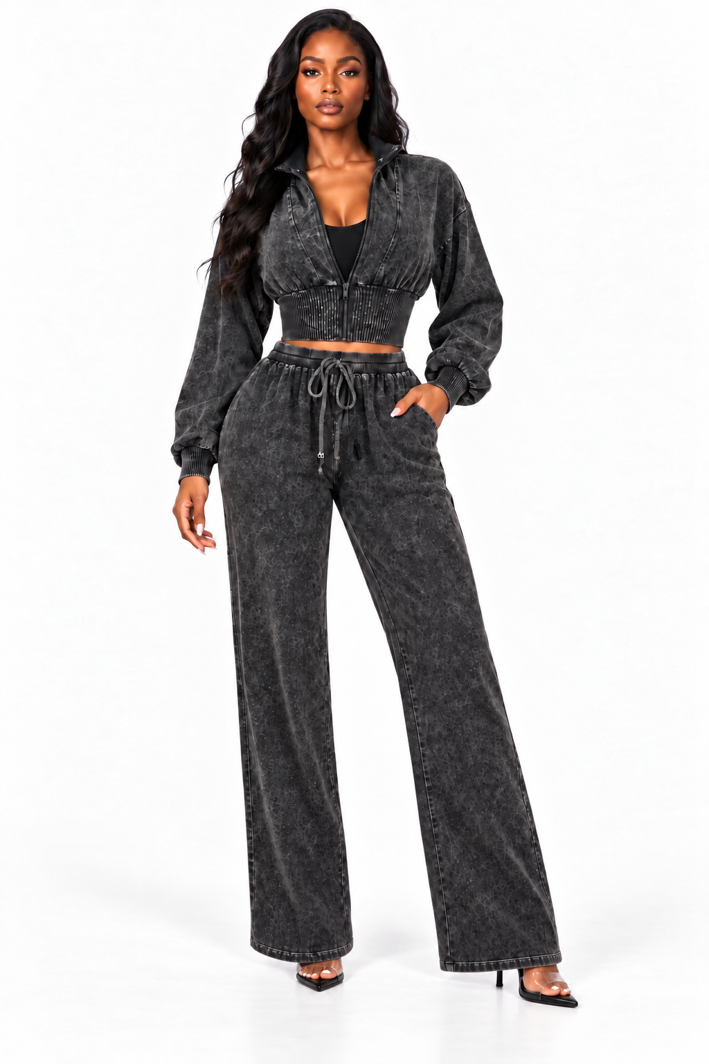 Cropped Zip Jacket & Wide-Leg Pants Set