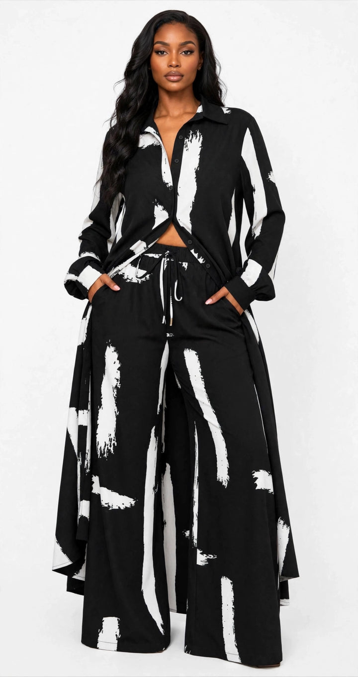 Abstract Brushstroke Duster & Wide-Leg Pants Set