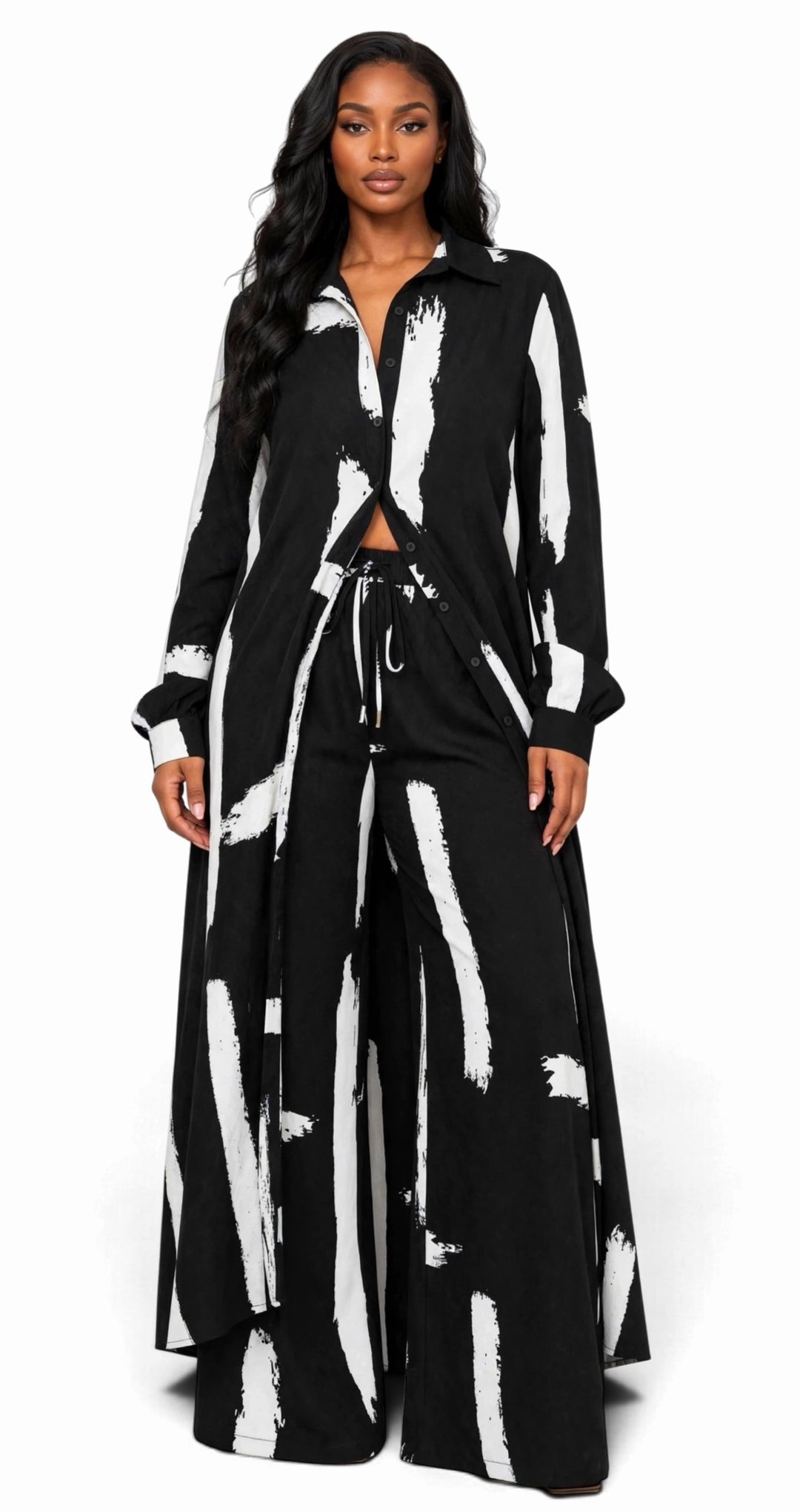 Abstract Brushstroke Duster & Wide-Leg Pants Set