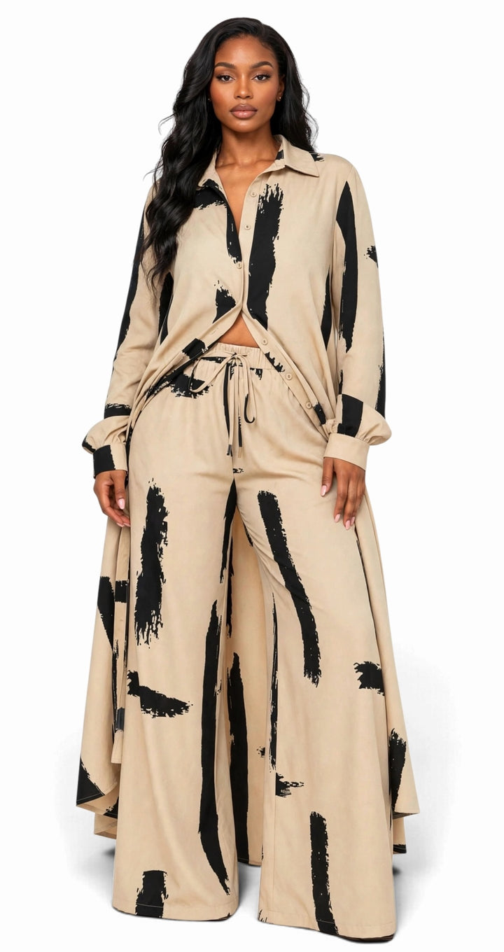 Abstract Brushstroke Duster & Wide-Leg Pants Set