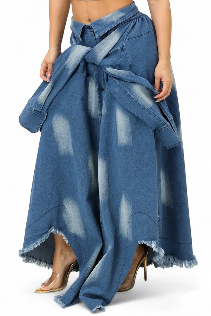 Denim Tie Dye Maxi Skirt With Shirt Sleeves Belt
