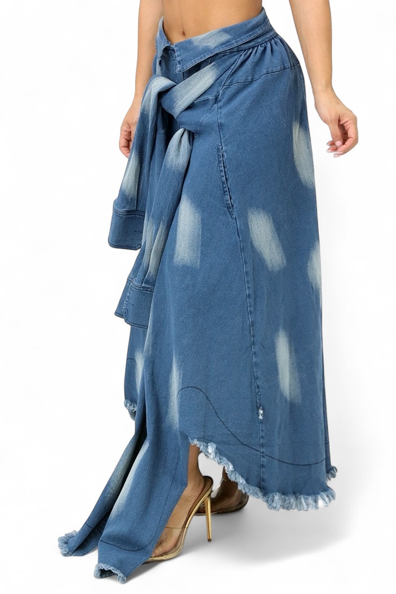 Denim Tie Dye Maxi Skirt With Shirt Sleeves Belt