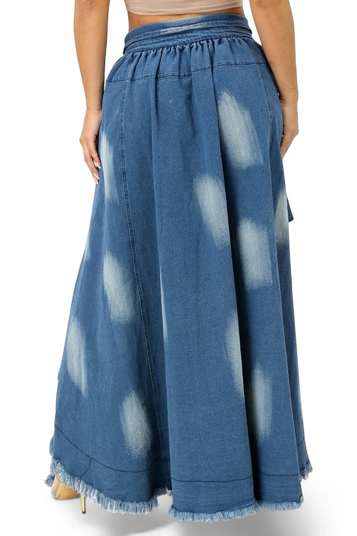 Denim Tie Dye Maxi Skirt With Shirt Sleeves Belt