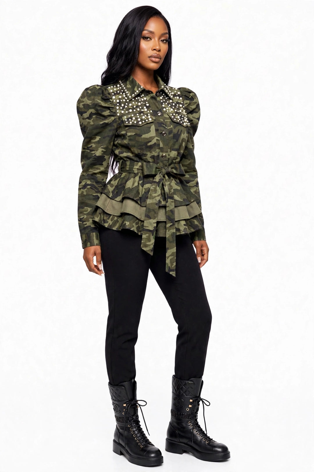 Camo Pearl-Detail Peplum Jacket