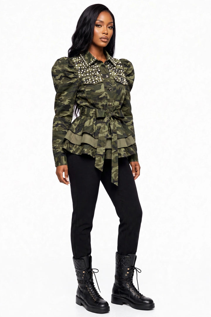 Camo Pearl-Detail Peplum Jacket