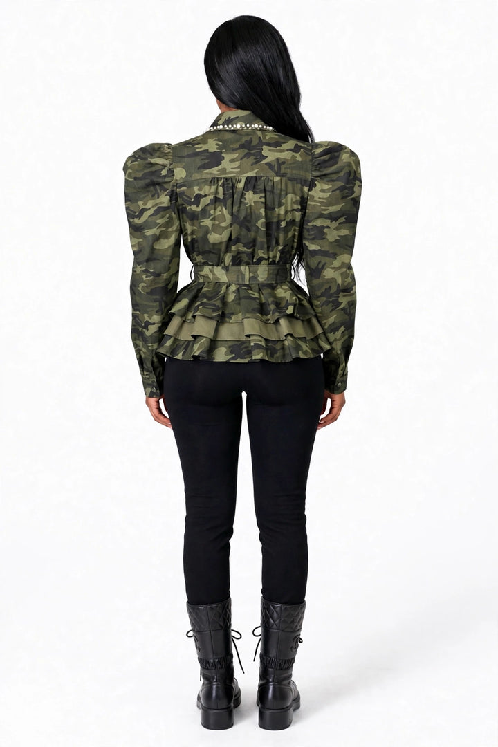 Camo Pearl-Detail Peplum Jacket