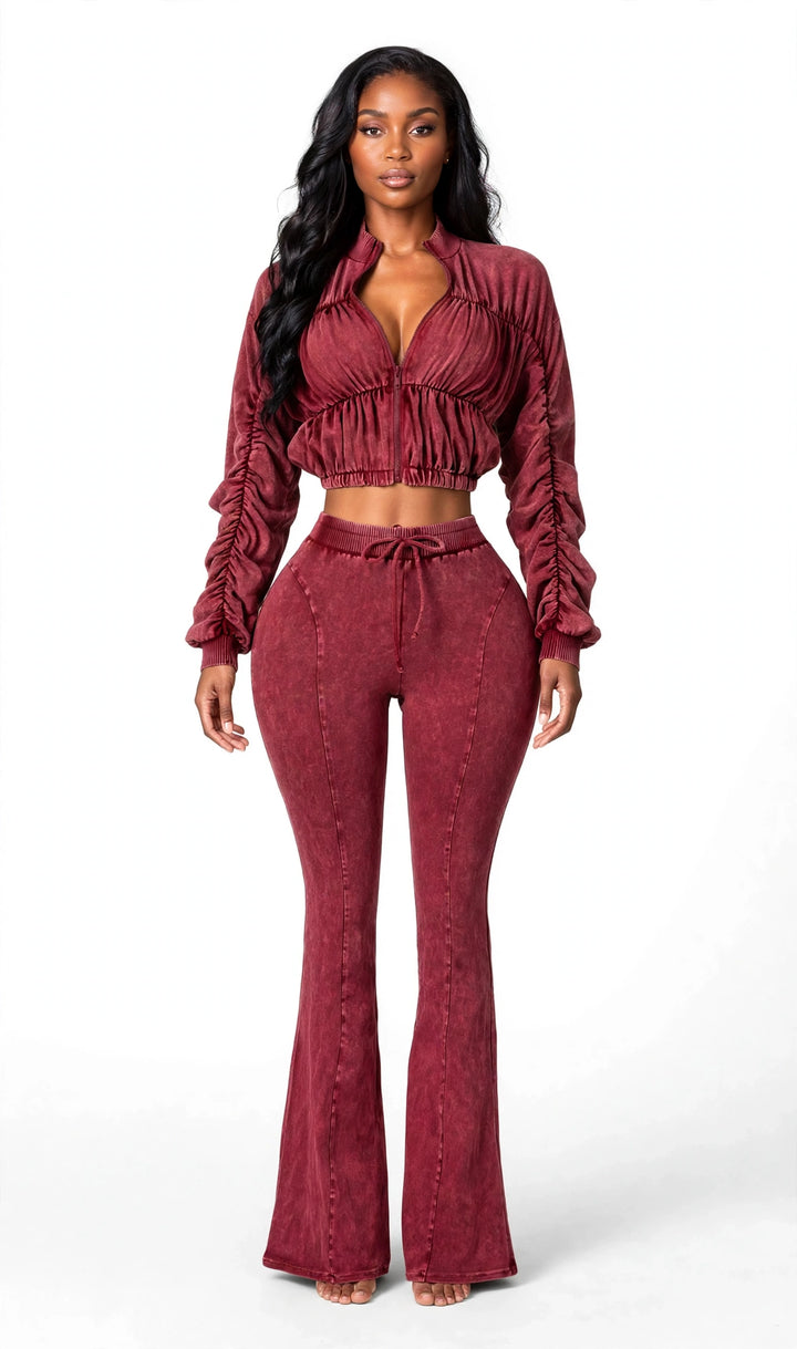 Ruched Jacket & Flare Pants Set