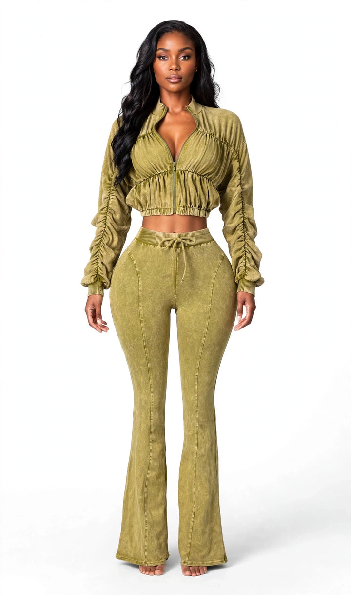 Ruched Jacket & Flare Pants Set