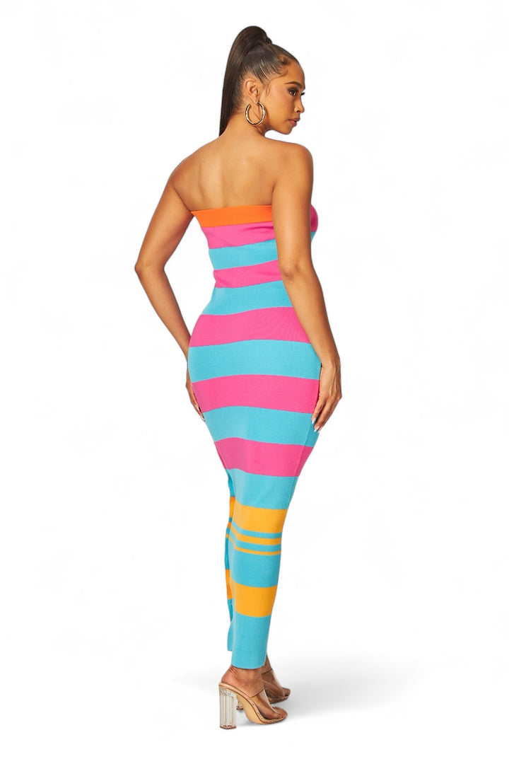 Multi Color Strapless Striped Knit Dress