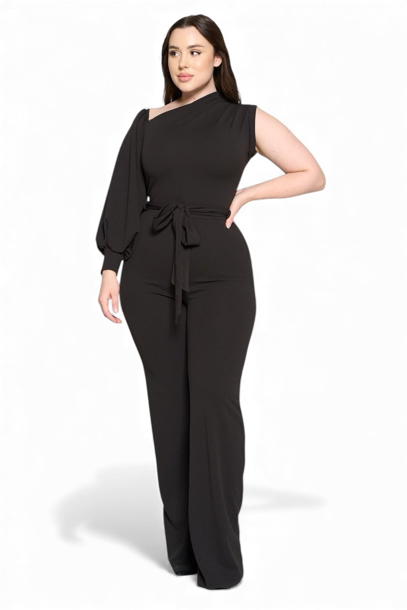 One Shoulder Puff Sleeve Belted Jumpsuit