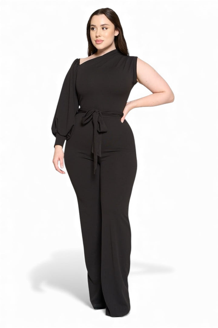 One Shoulder Puff Sleeve Belted Jumpsuit