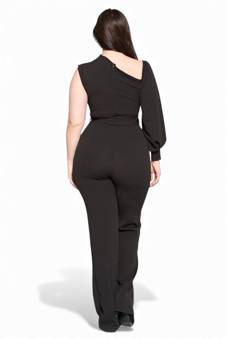 One Shoulder Puff Sleeve Belted Jumpsuit