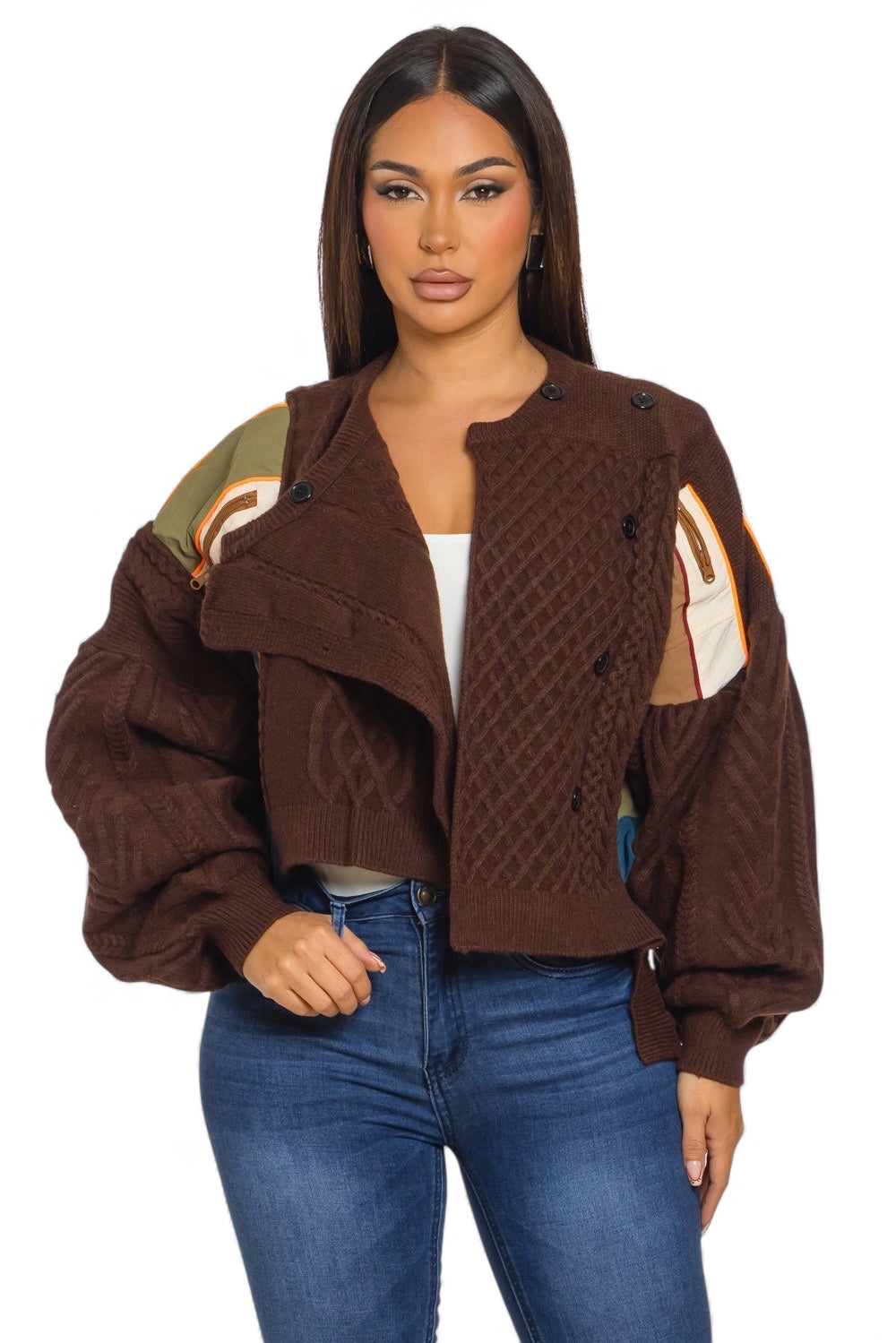 Asymmetric Patchwork Knit Button Sweater