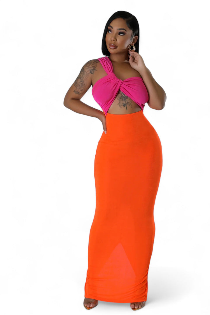Fuchsia / Orange Color Block Maxi Dress