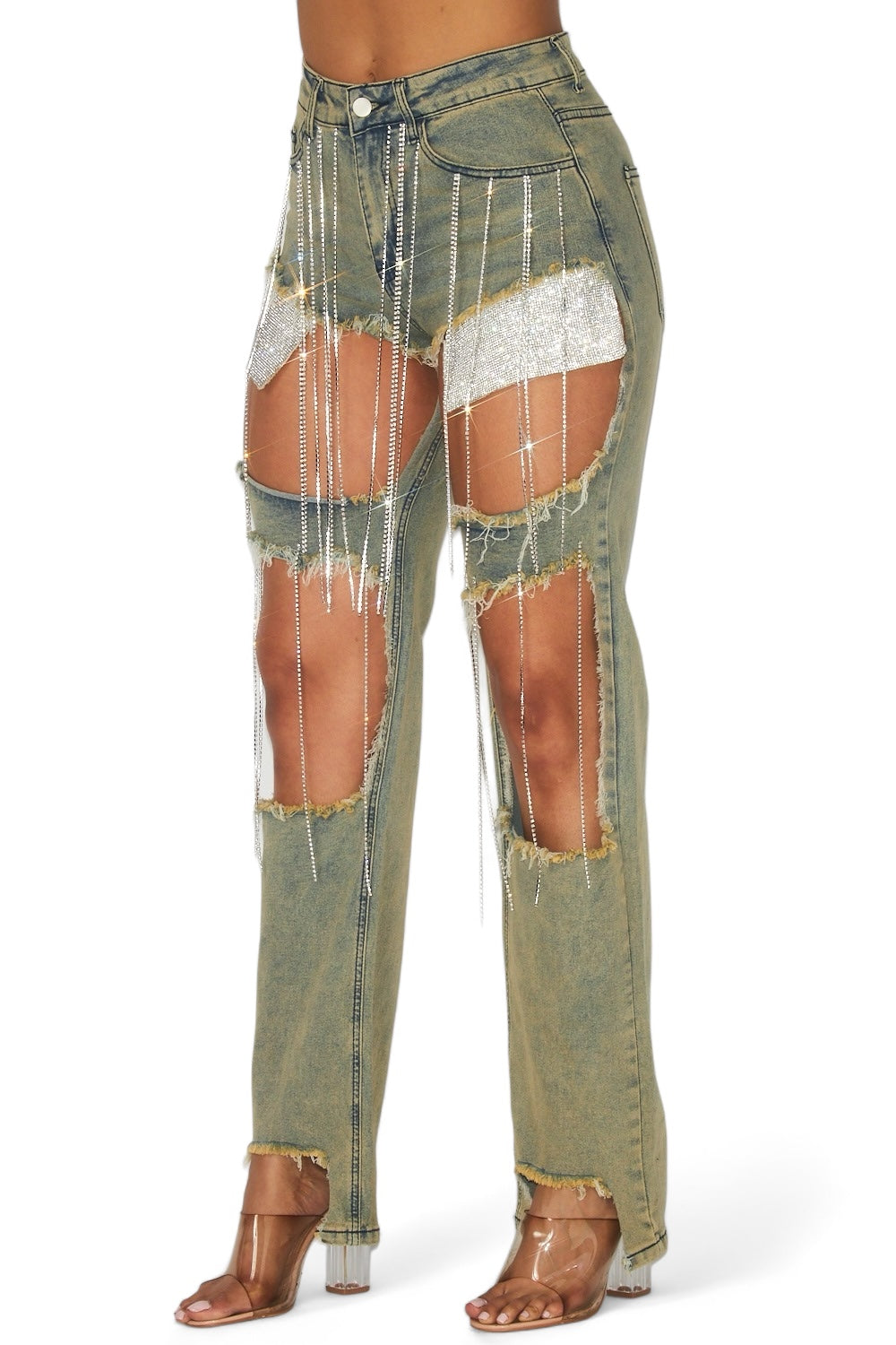 Elevate Your Style with Rhinestone Chain Denim Jeans – The House