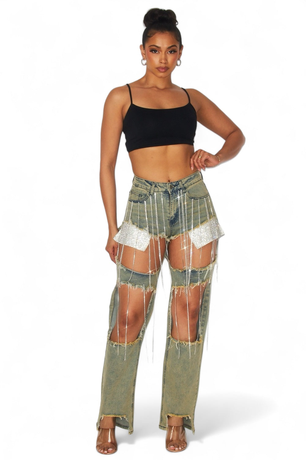 Elevate Your Style with Rhinestone Chain Denim Jeans – The House