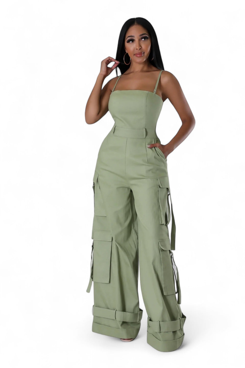 A Woman wearing an olive cargo jumpsuit 