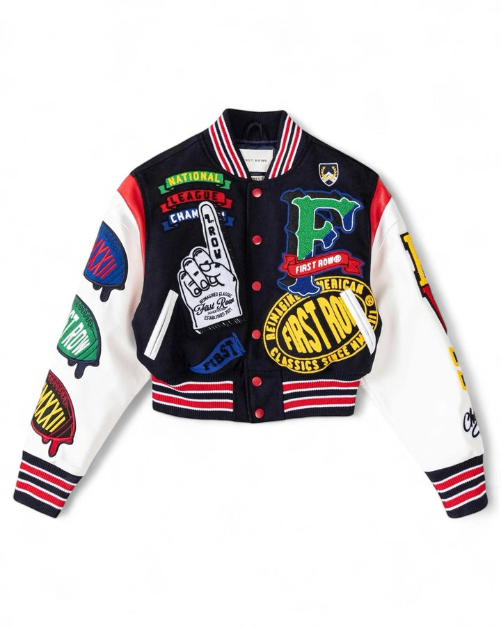 Front view of cropped varsity jacket with colorful patches