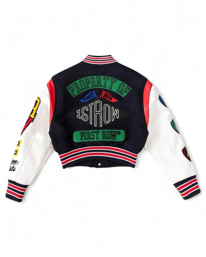 Back view of cropped varsity jacket with bold lettering