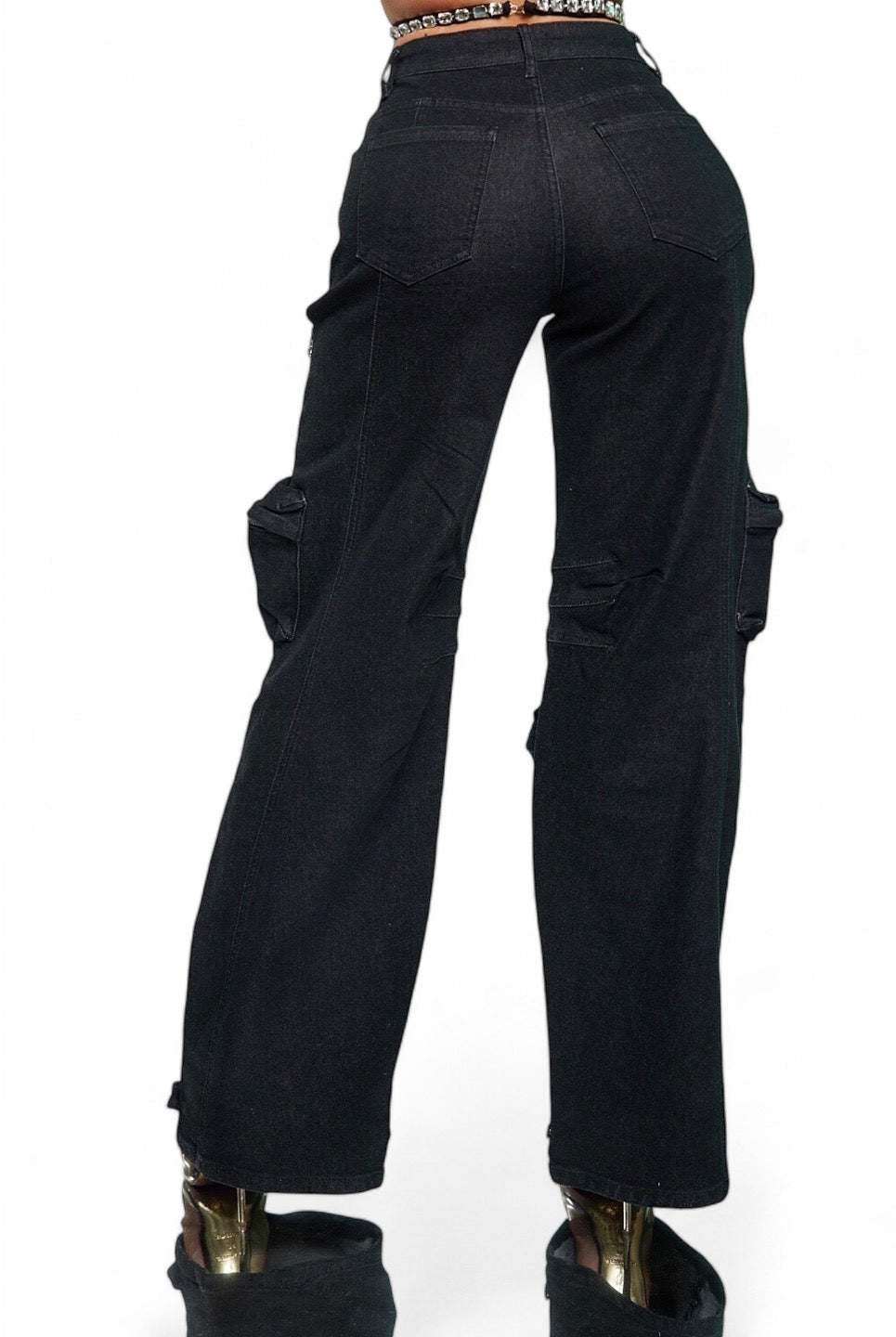 Back view of cut out rhinestones cargo pants