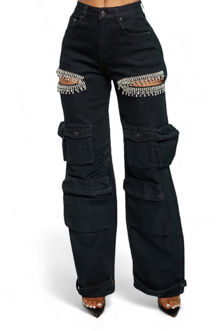 Front view of cut out rhinestones cargo pants