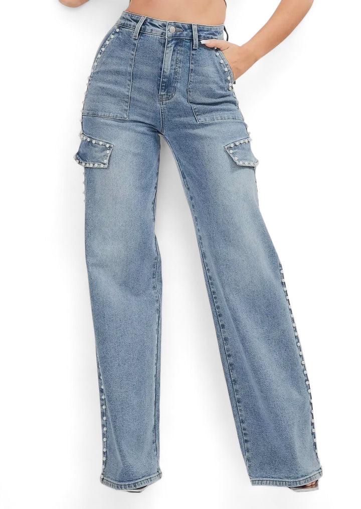 Pearl Trimmed  Cargo Wide Leg Jeans