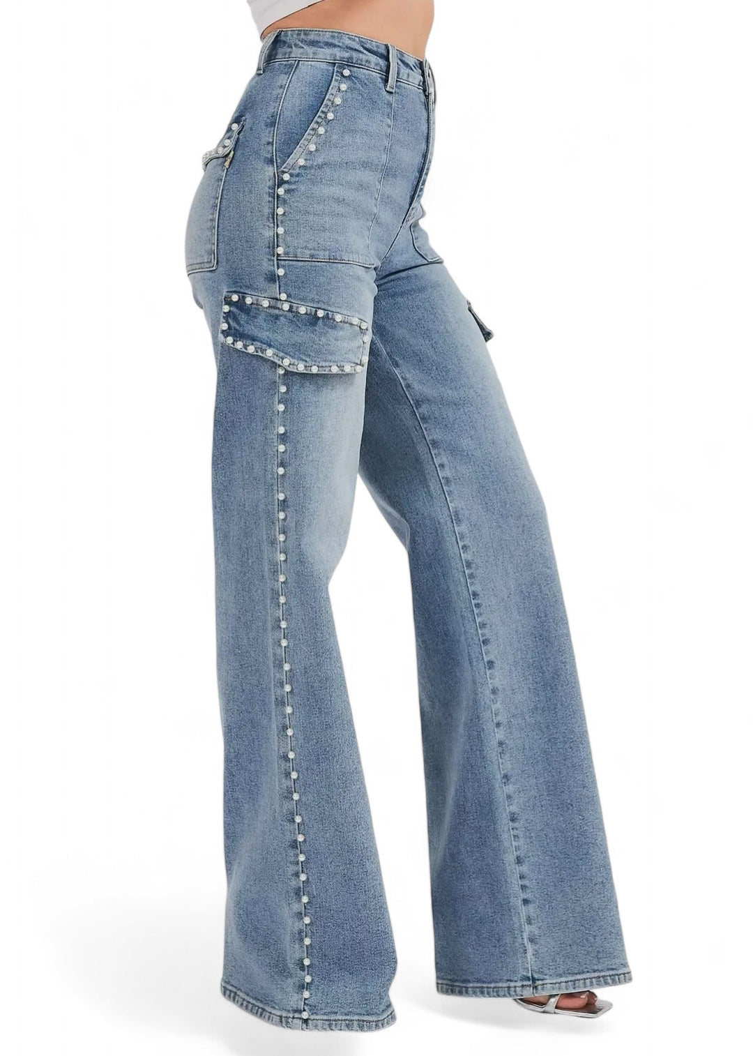 Pearl Trimmed  Cargo Wide Leg Jeans