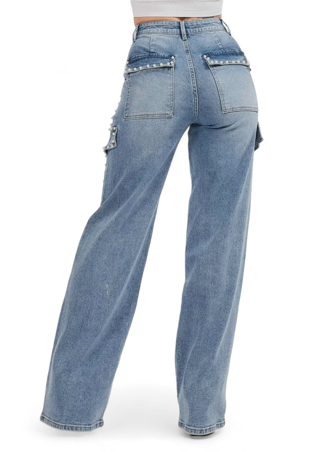 Pearl Trimmed  Cargo Wide Leg Jeans