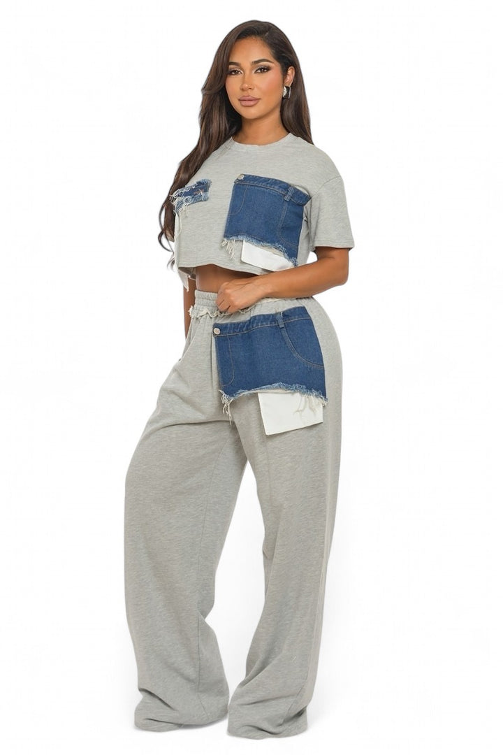 Two Piece Heather Gray Patch Denim Detail Pants Set