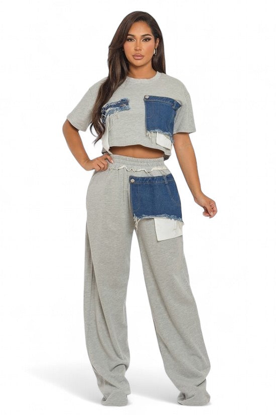 Two Piece Heather Gray Patch Denim Detail Pants Set