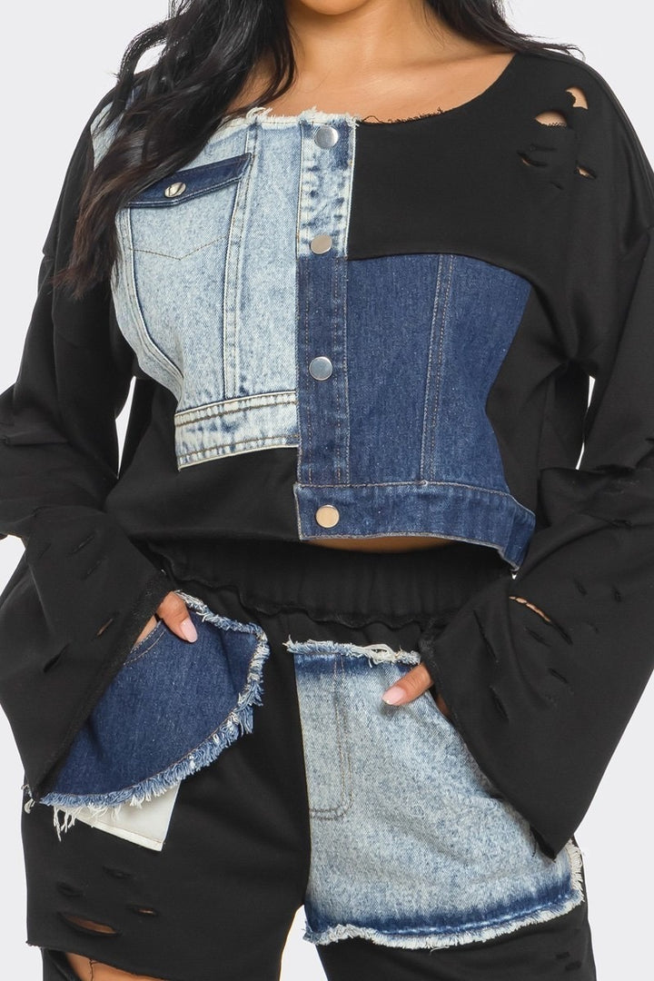 Black Long Sleeve Patch Denim Detail Pants Two Piece Set