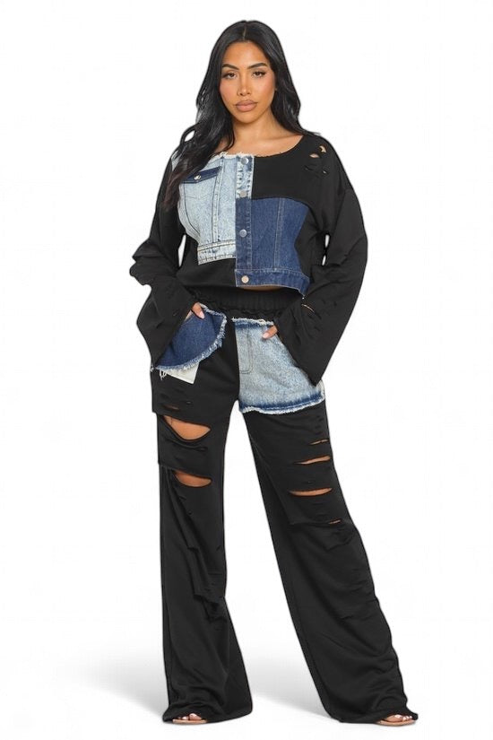 Black Long Sleeve Patch Denim Detail Pants Two Piece Set