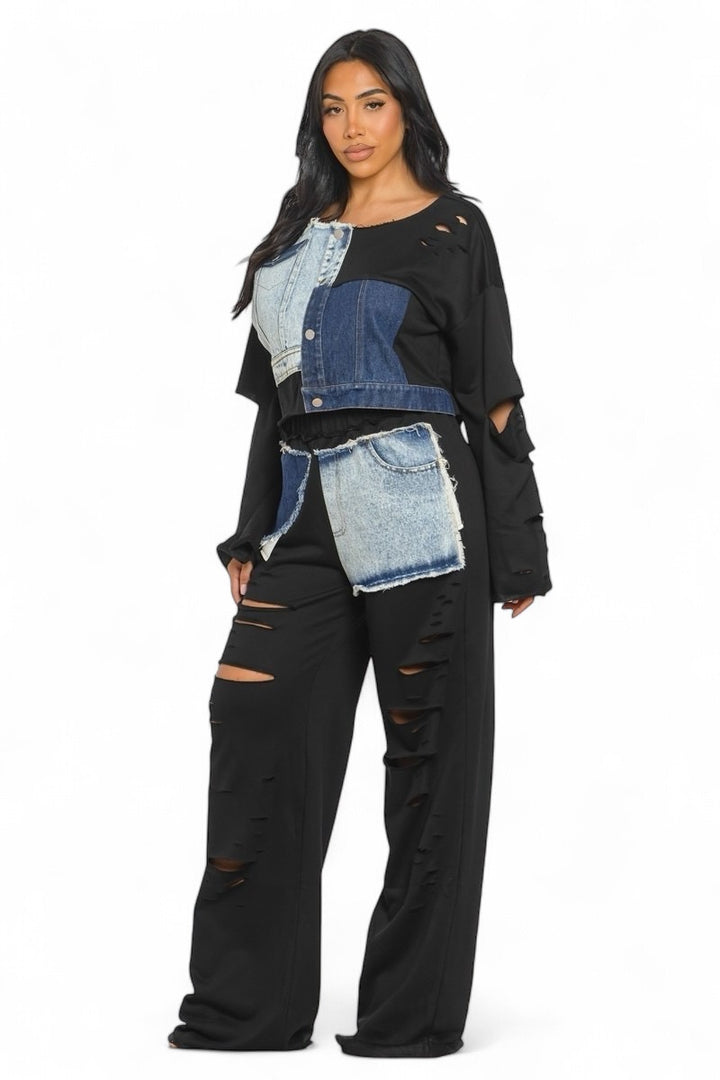 Black Long Sleeve Patch Denim Detail Pants Two Piece Set