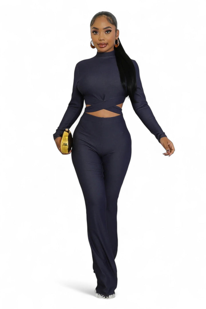 Navy two piece pants set with cutout design, front view