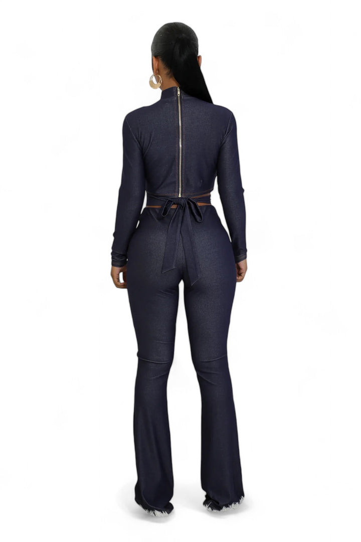 Navy two piece pants set with back zipper and tie, rear view