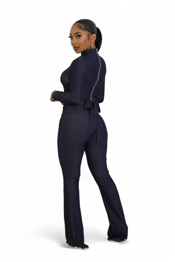 Navy two piece pants set with side zipper and tie, side view