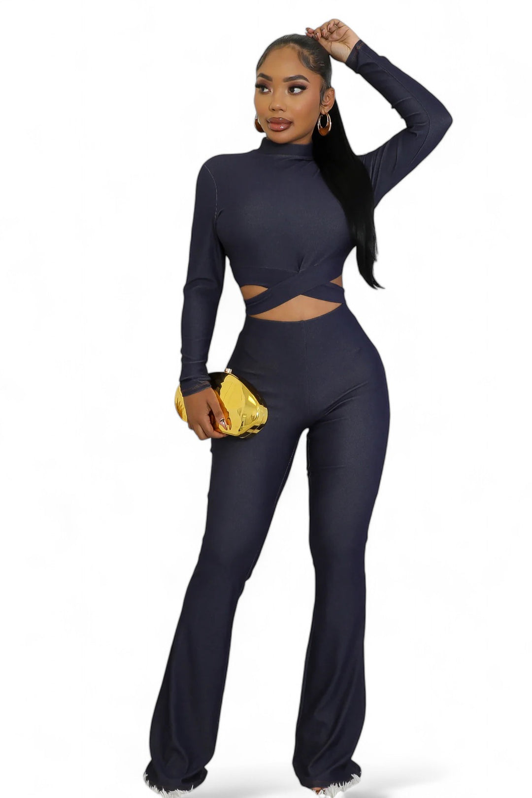 Navy two piece pants set with cutout and halter details, front view